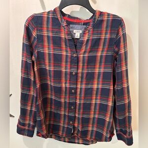 LL Bean Flannel Shirt Women’s XS Button Up Plaid Navy Organic Cotton